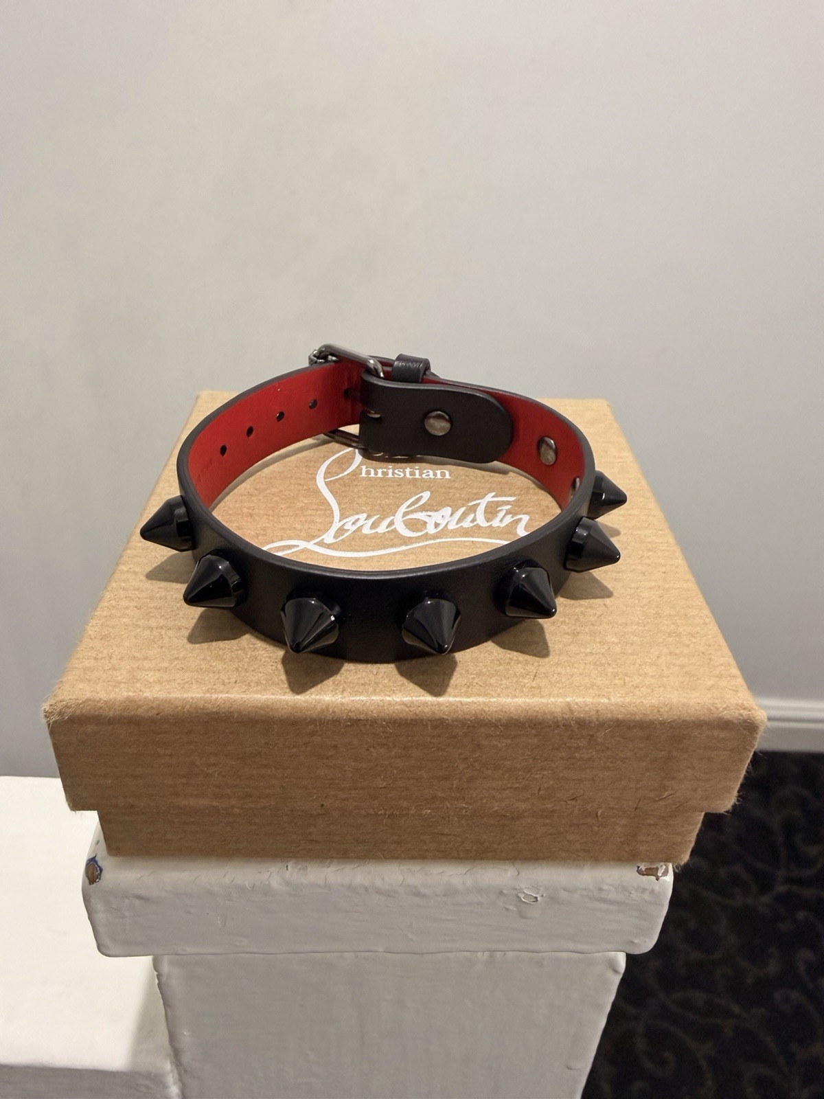 Rare OOP Christian Louboutin LoubiLink Logo Stud Spike Bracelet Buckle Black/Red