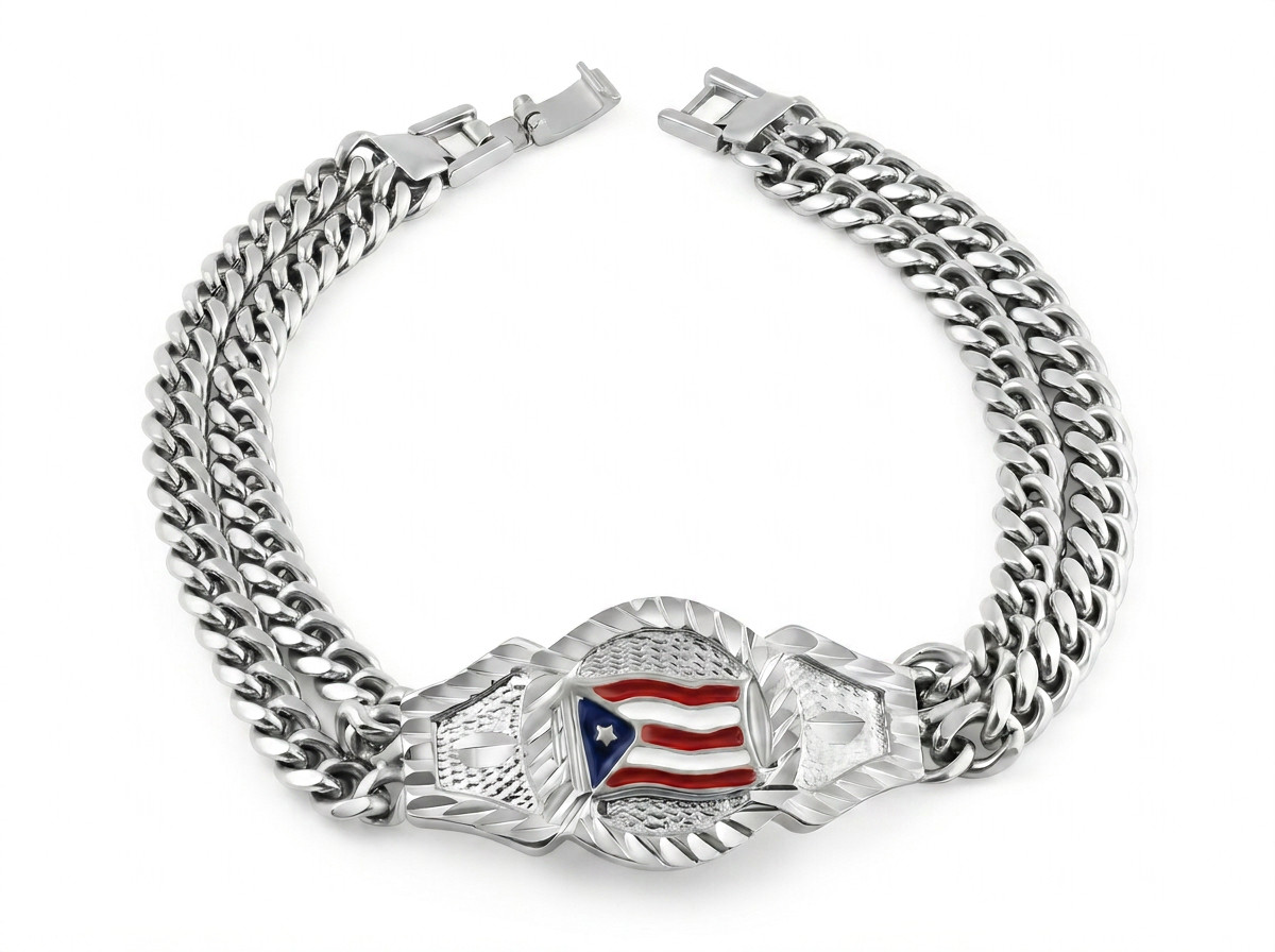 Silver Puerto Rico Flag Bracelet Rhodium Plated Hypoallergenic