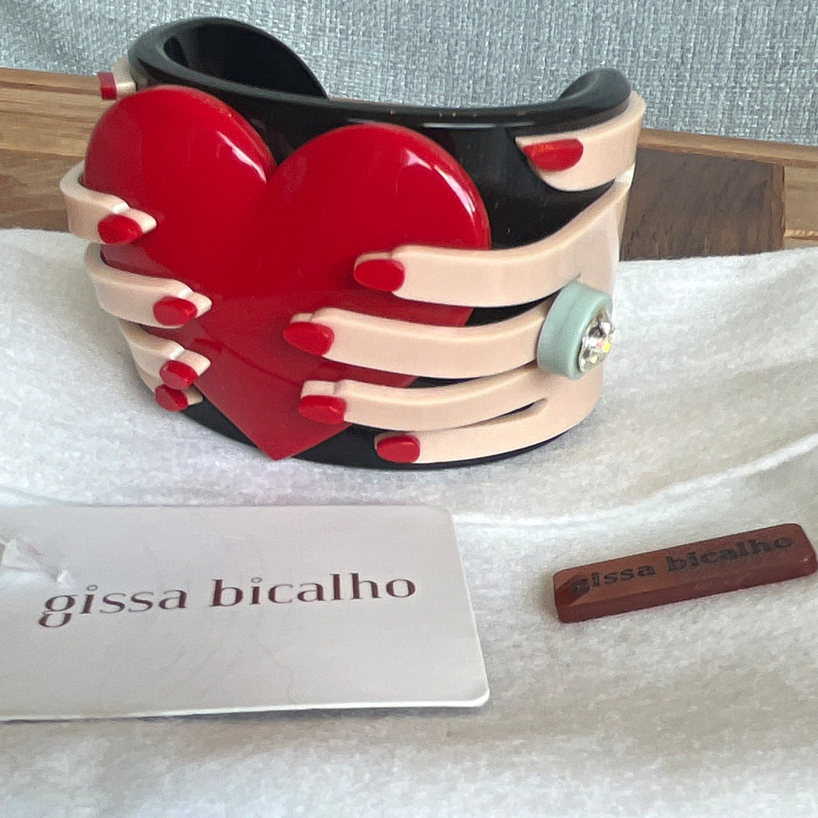 Art Deco Gissa Bicalho Signed Heart Hand Love Cuff Bracelet