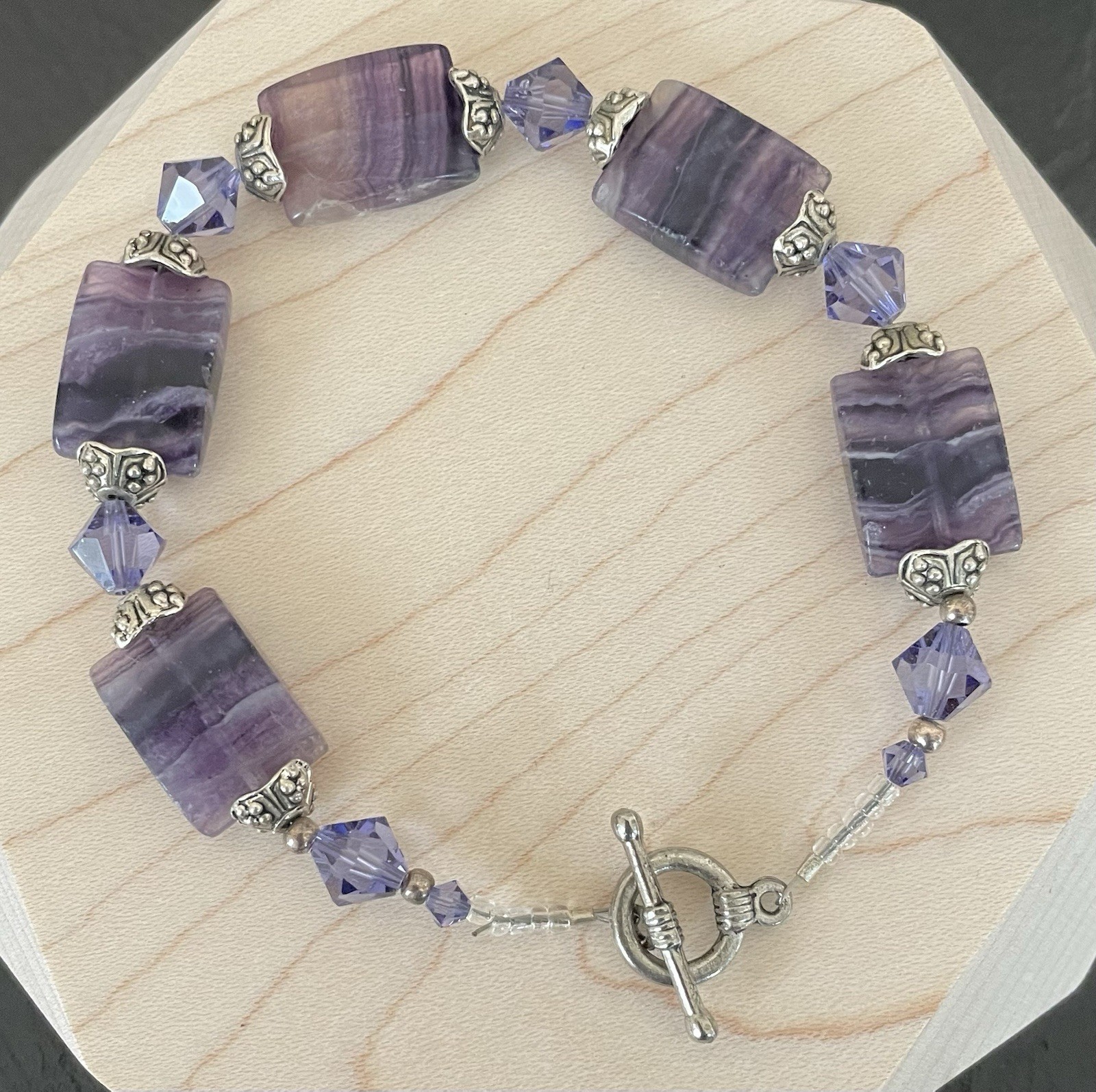 Purple Spinel Natural Stone Silvertone Beaded Bracelet For Women