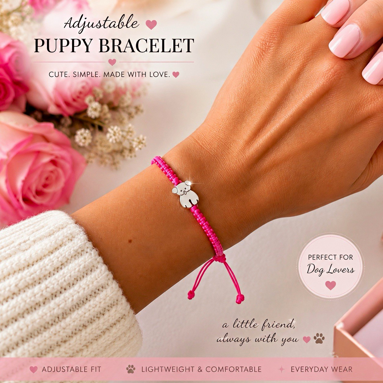 Adjustable Pink Cord Bracelet w/ Dog Dangle Charm Slide Closure