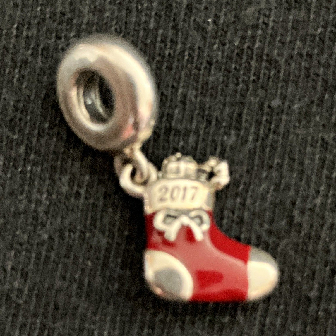 Silver Tone Red Enamel Christmas Stocking Dangle Charm Bead w/ “2017”