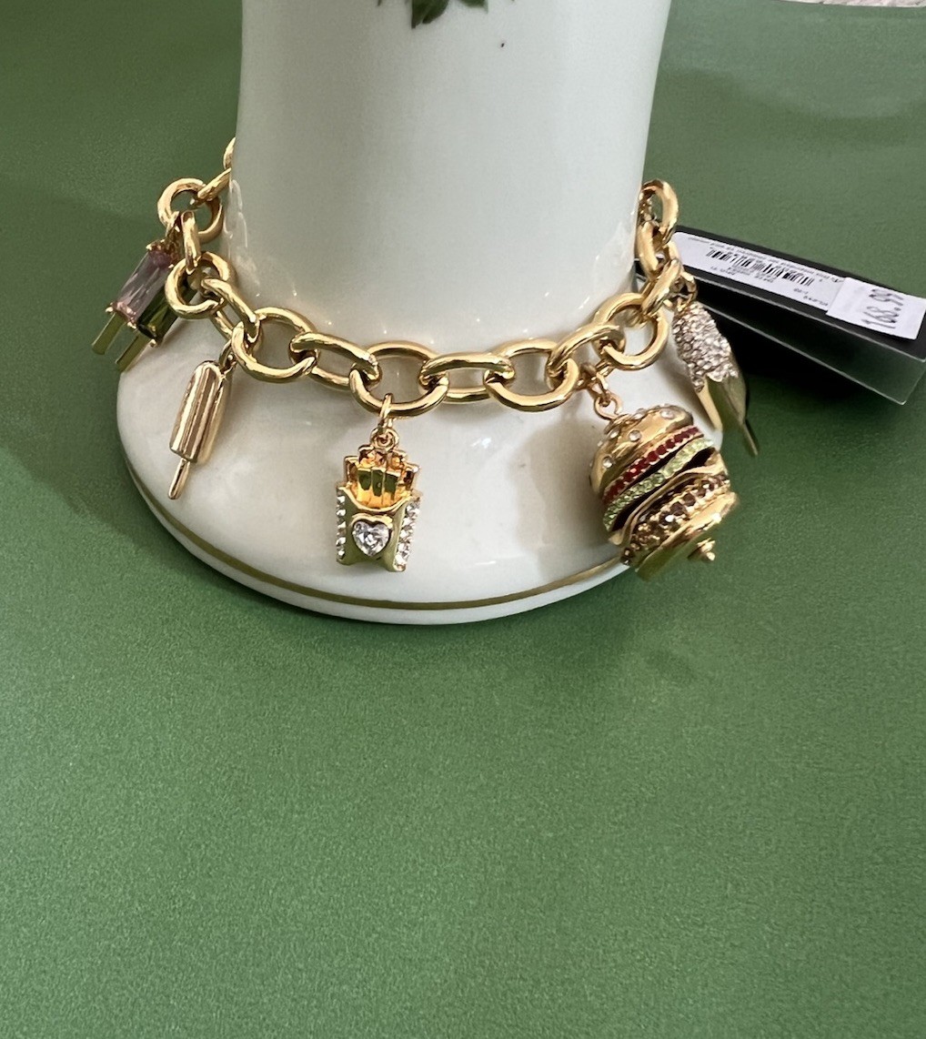 Kate Spade FAST FOOD CHARM 12-K Gold Plated Brass CZ Crystals Charm Bracelet NWT