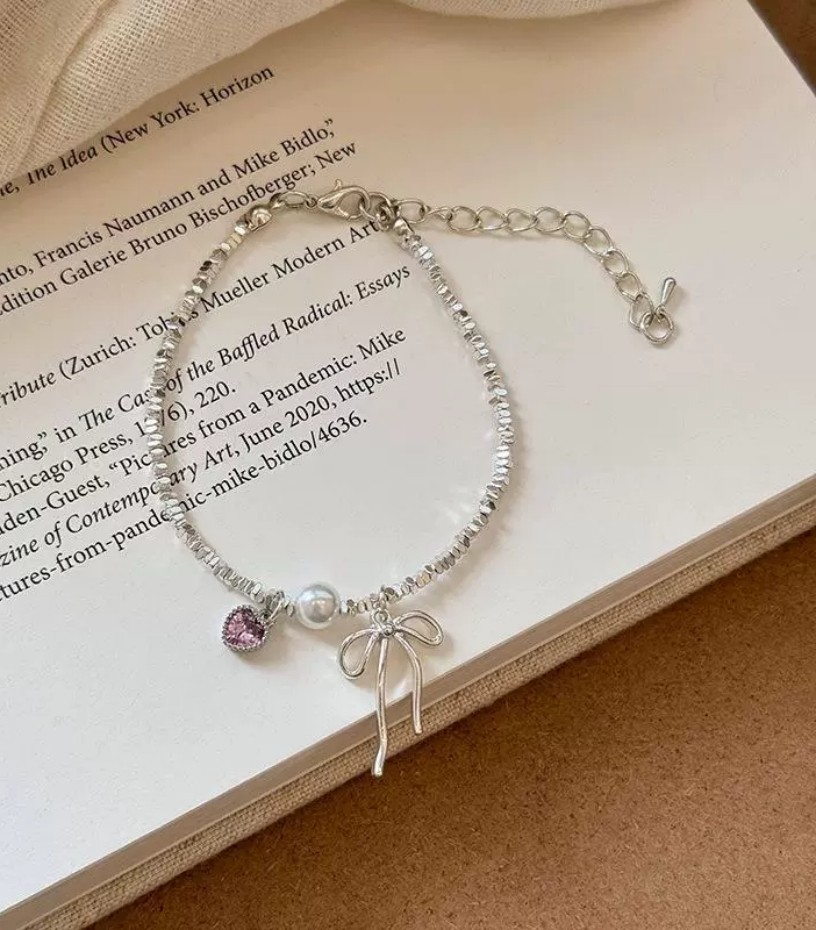 Silver Plated Broken Bead Bracelet Bow Pearl Pink Heart CZ Charm Tennis Bracelet