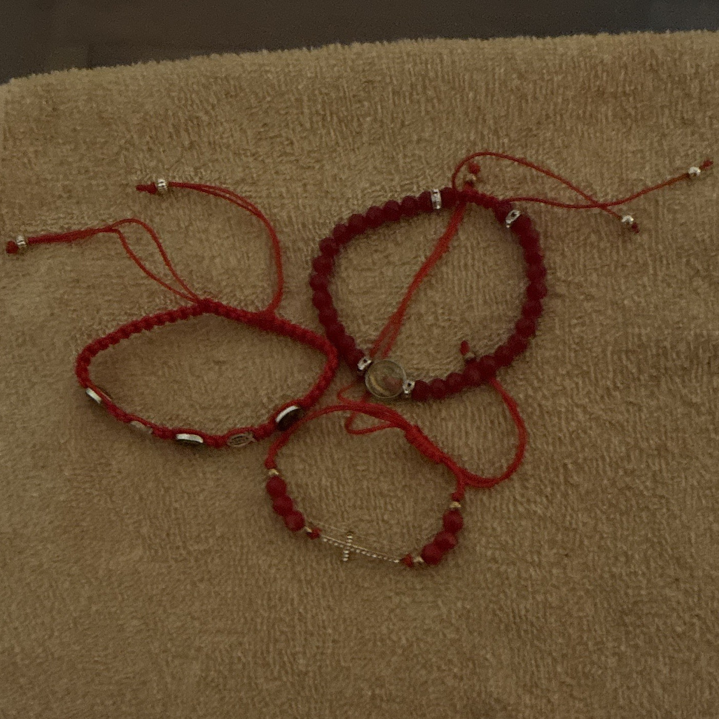 Lot of 3 Red Adjustable Cord Beaded Bracelets w/ Silver Cross Dangle Charm