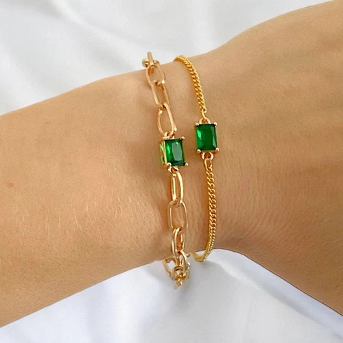 1 Ct Emerald Cut Simulated Emerald Paperclip Bracelet 925 Yellow Sterling Silver