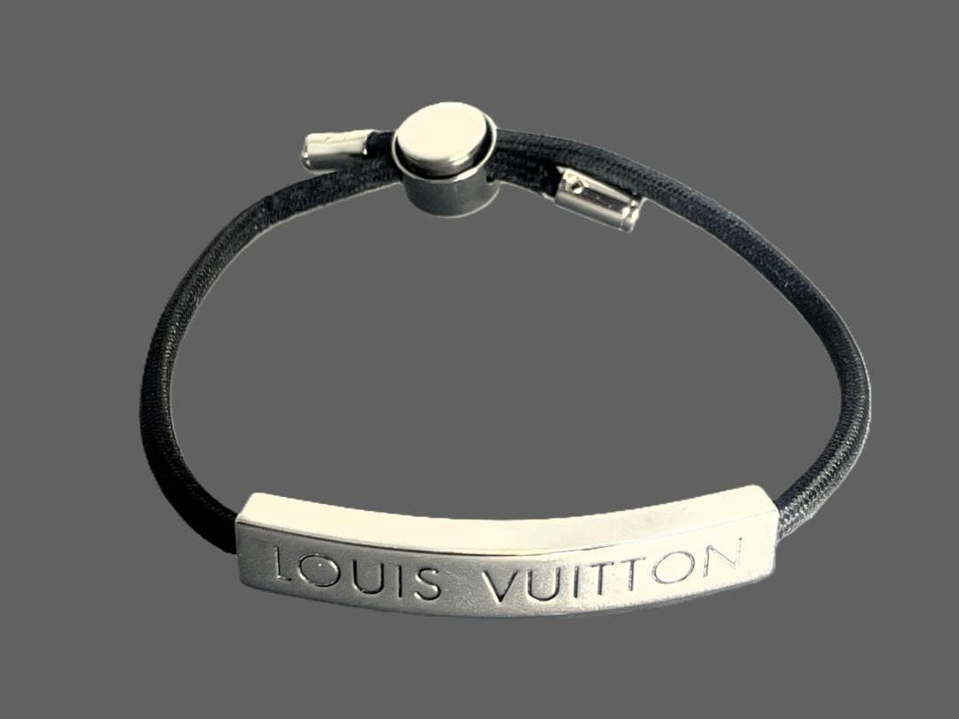 Louis Vuitton M00273 Logo Cord Bracelet Silver Black Unisex Authentic