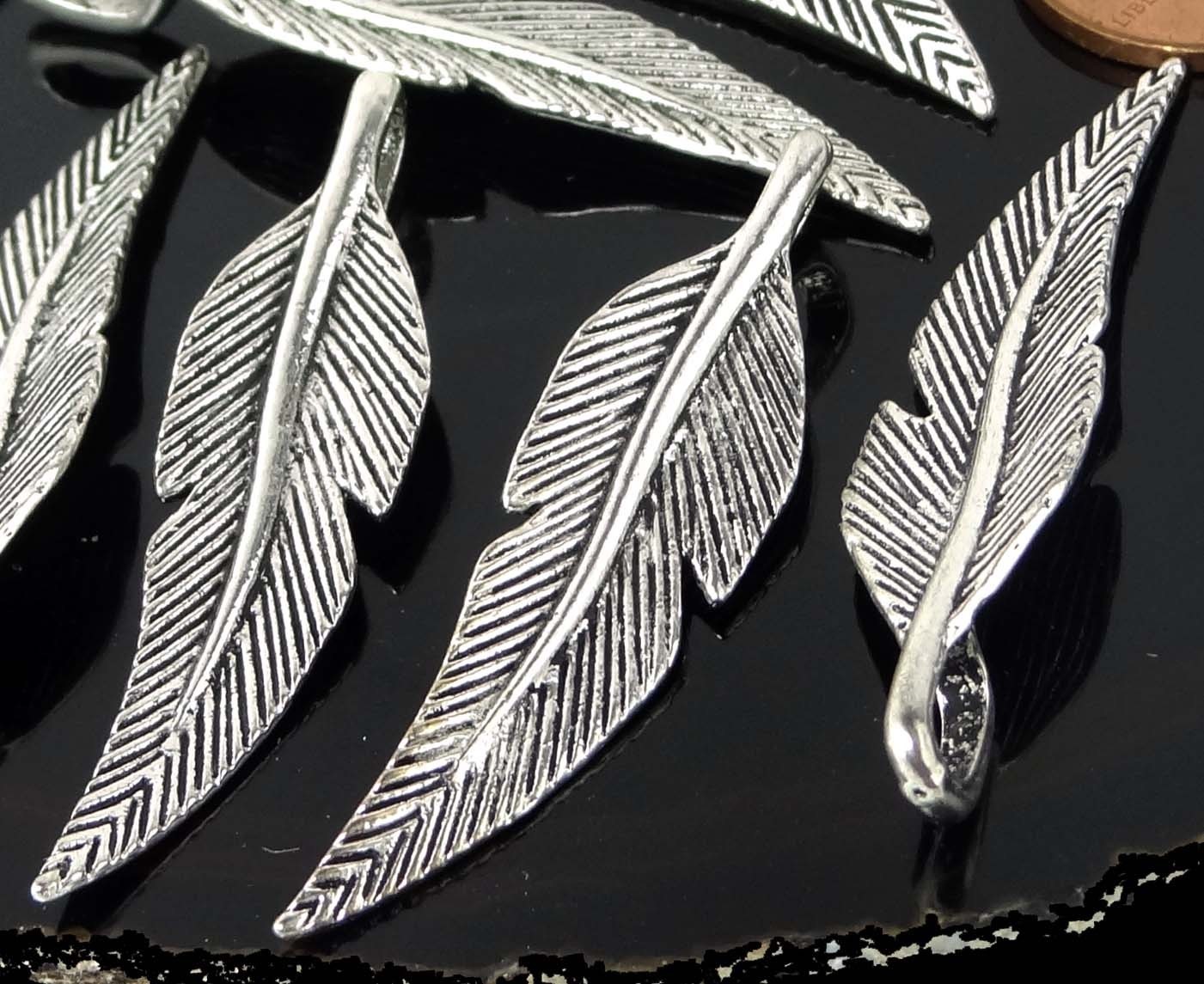 8 Feather Charms Antique Silver Pewter Bohemian Boho Pendants 46x11mm