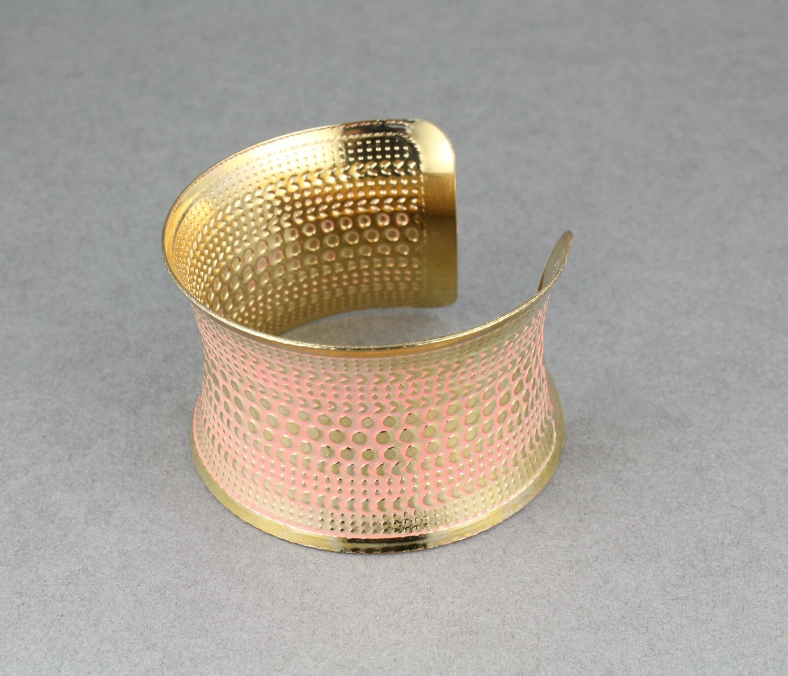 Pink Gold tone metal bangle cuff 1 5/8″ wide bracelet textured dots pattern