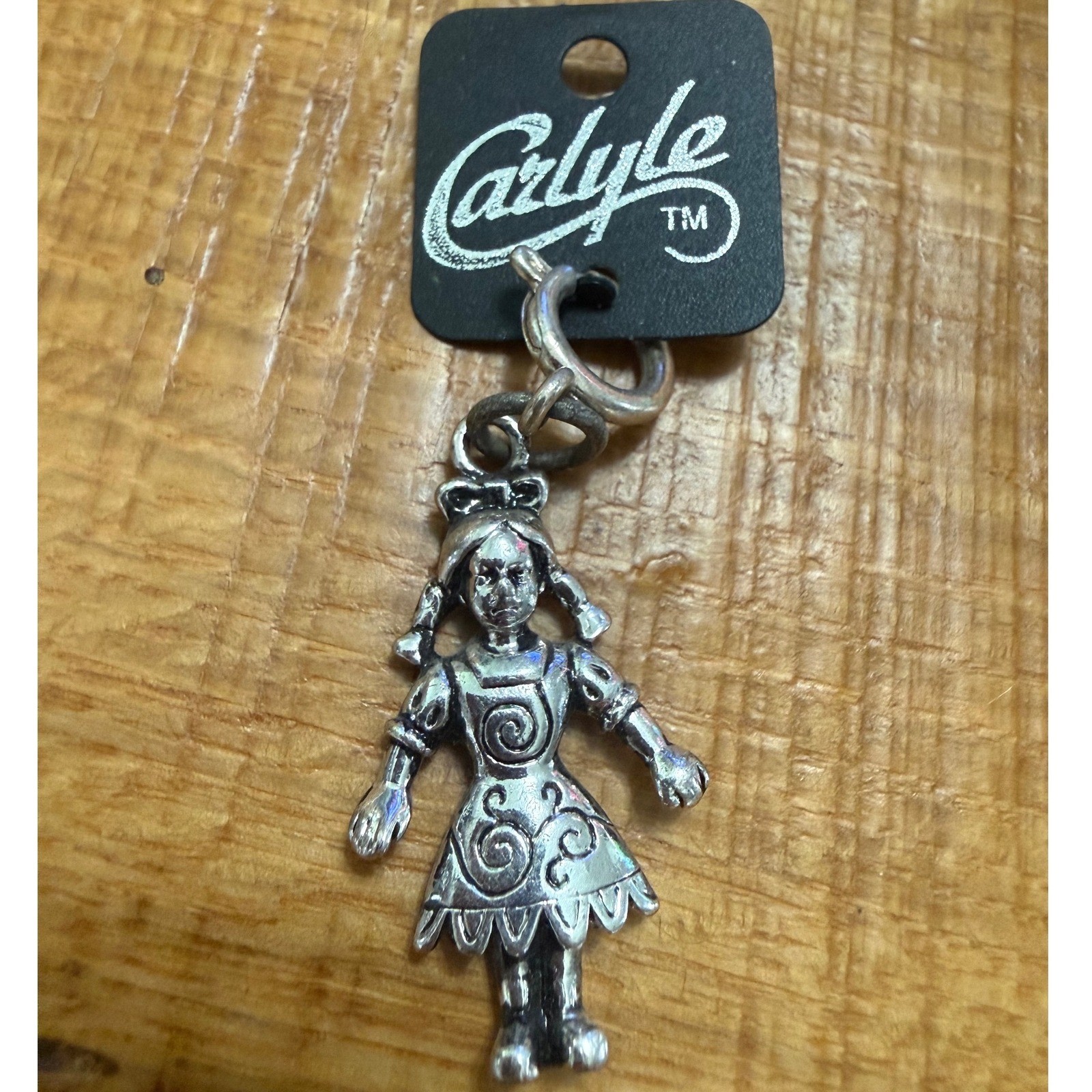 Carlyle Silver Tone Girl Figural Charm Antiqued Swirl Dress Pigtails Pendant NOS