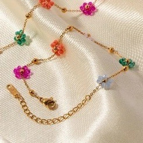 Gold Stainless Steel Colorful Crystal Flower Bead Chain Bracelet jdbw2307013
