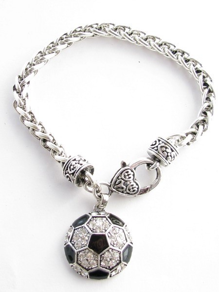 Soccer Ball Black Enamel Clear Crystal Silver Bracelet Jewelry Gift Futball