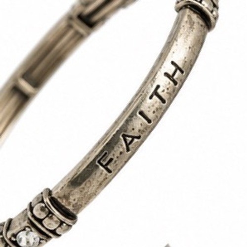 Antique Silver Faith Engraved Stretch Bracelet Crystal Accents Religious