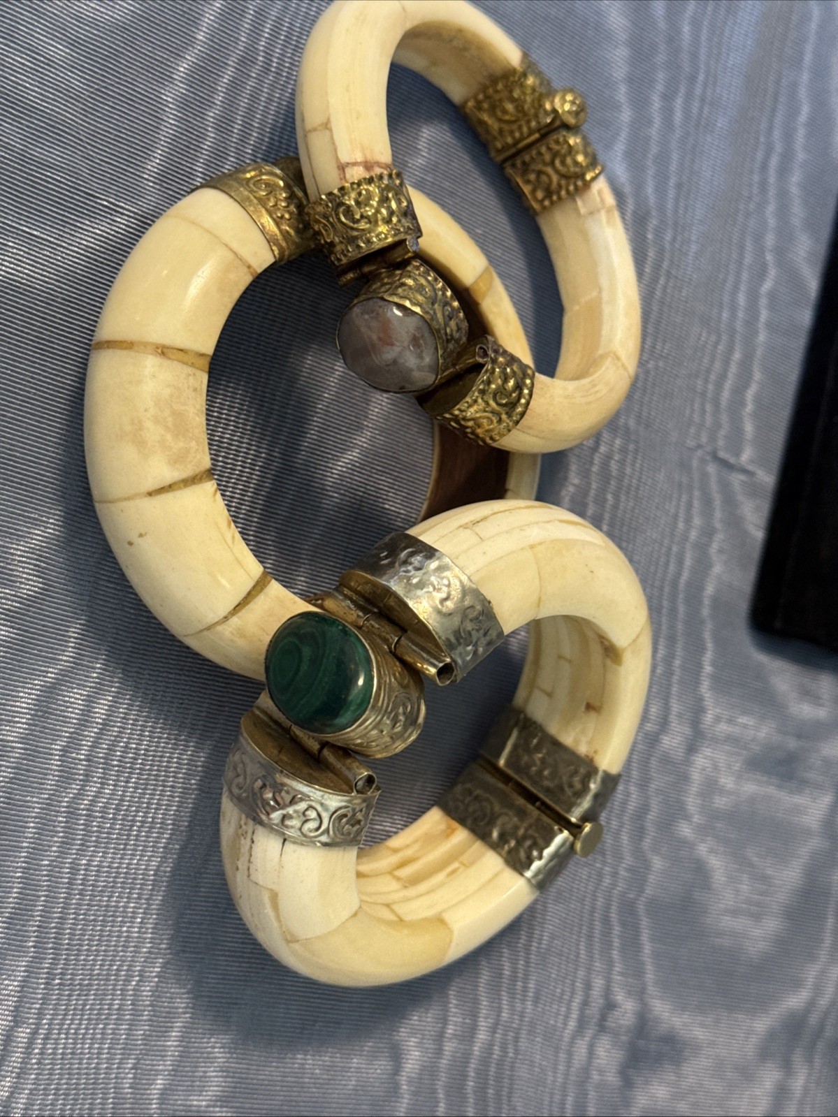 Lot Of 3 Bone Bangle Bracelets 2 W/Gemstones Green Purple Hinged India