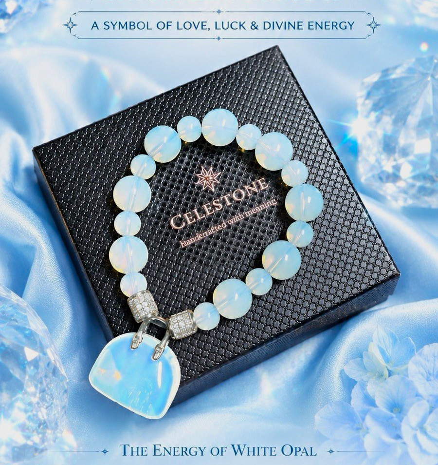 Celestone White Opal Bracelet with Money Purse Charm | Handcrafted Natural Stone