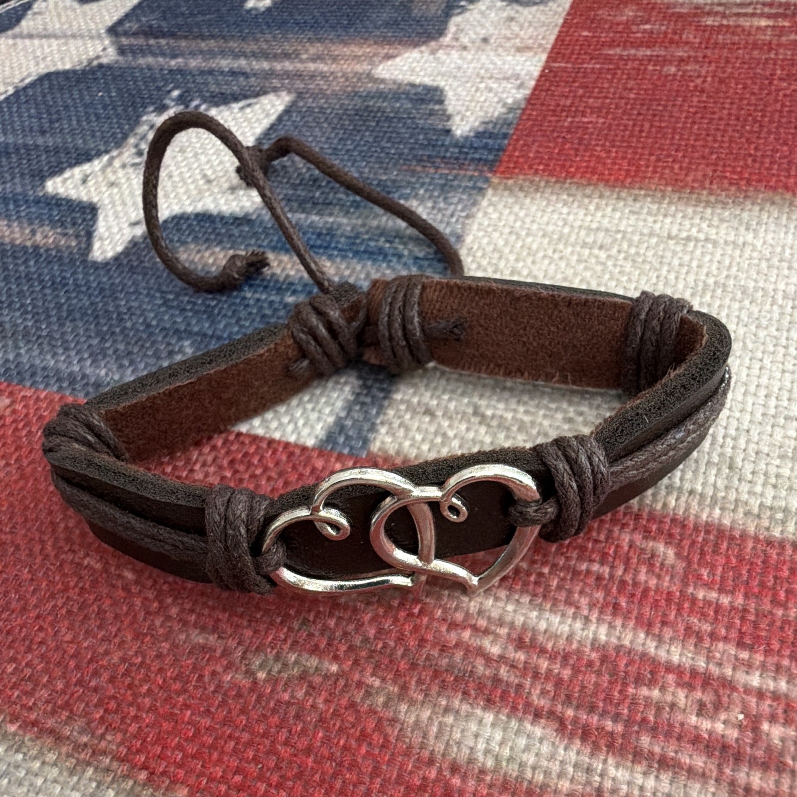 Brown Leather Cord Wrap Bracelet Adjustable Slide w/ Silver Double Heart Charm