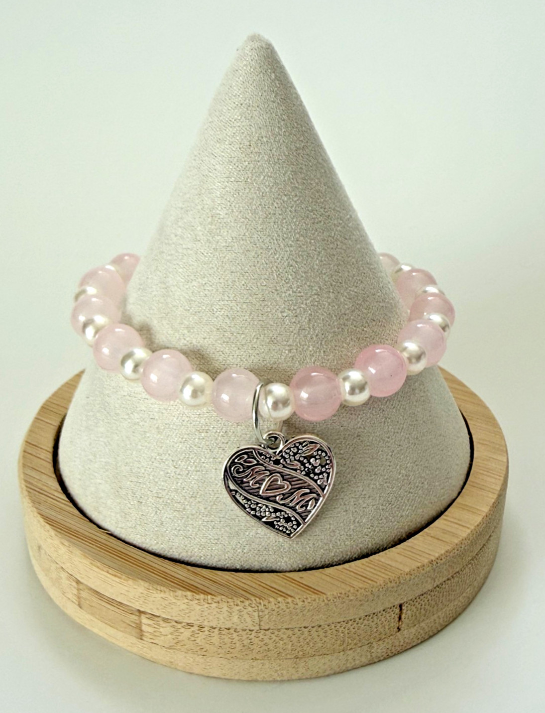 Mom Bracelet Pink Beaded Bracelet Gift for Mom Heart Charm Mother’s Day