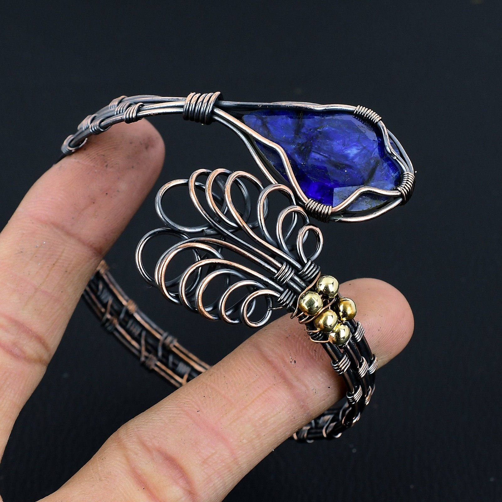 Lab-Created Blue Sapphire Handmade Gemstones Copper Wire Wrap Adjustable Bangle