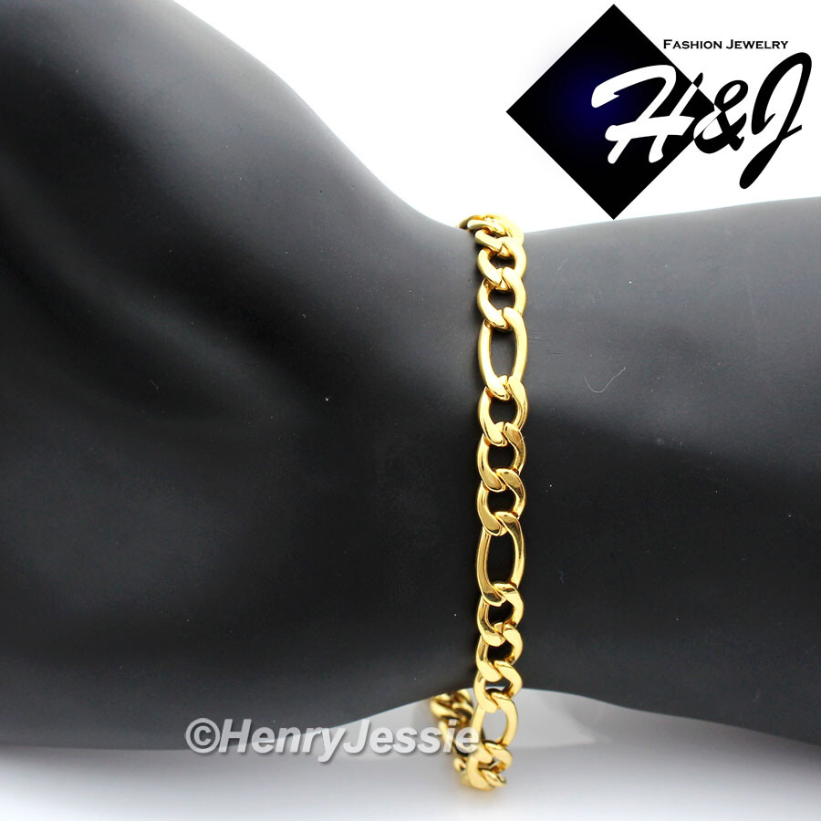 7″-11″MEN WOMEN Stainless Steel 6mm Gold Plated Figaro Link Chain Bracelet