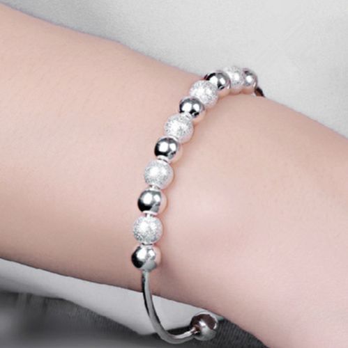 Women Fashion Jewelry 925 Silver Plated Beads Adjustable Cuff Bracelet 18-7