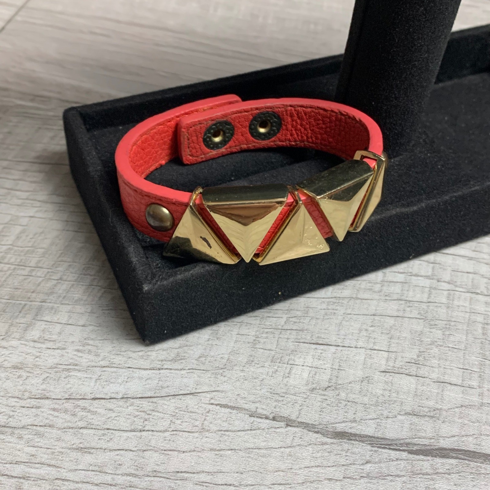 BCBGeneration Coral Red Pebbled Leather Gold Pyramid Stud Wrap Cuff Bracelet