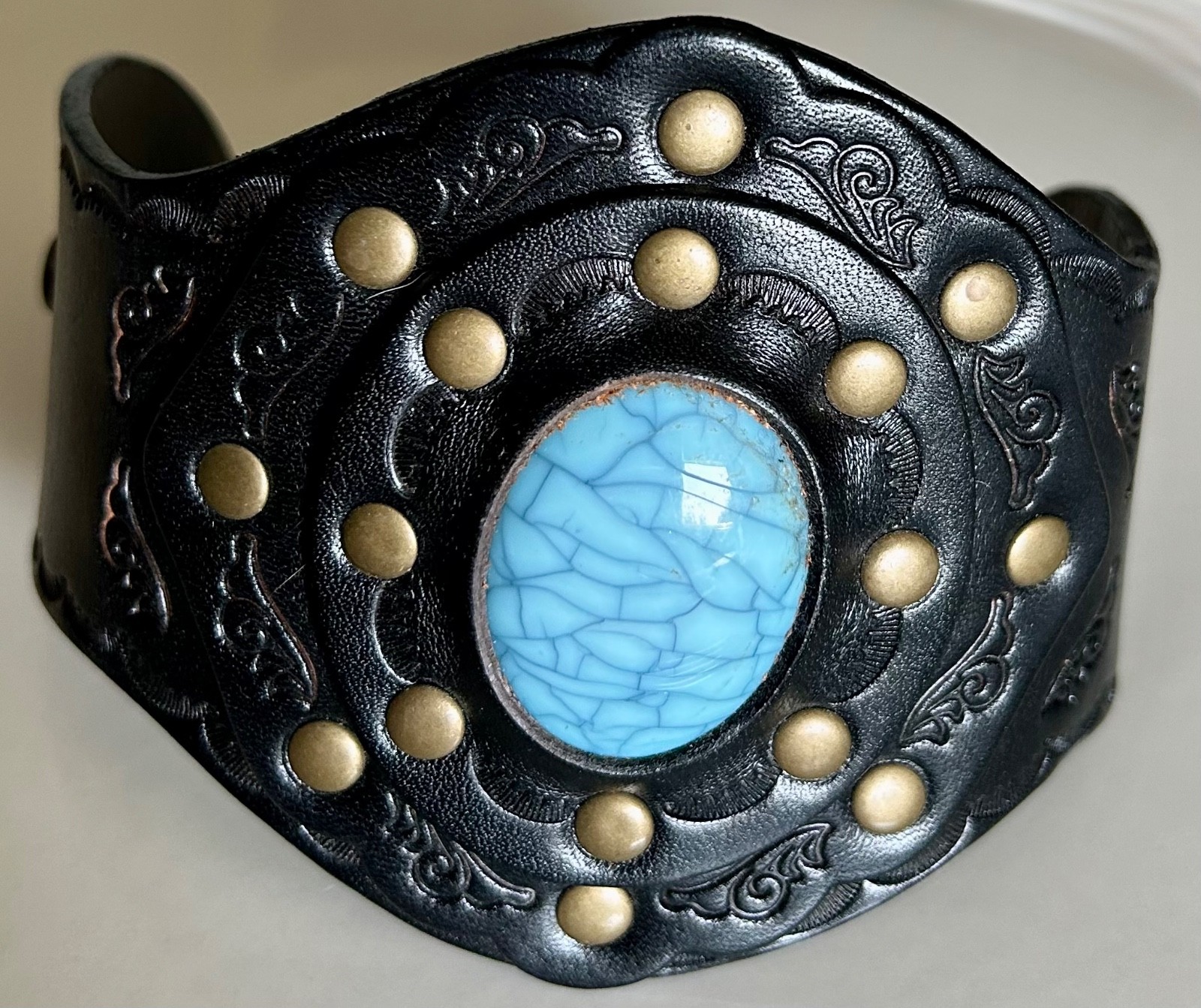 Three Bird Nest Cuff Tooled Leather Brass and Turquoise Bracelet Adjustable Snap