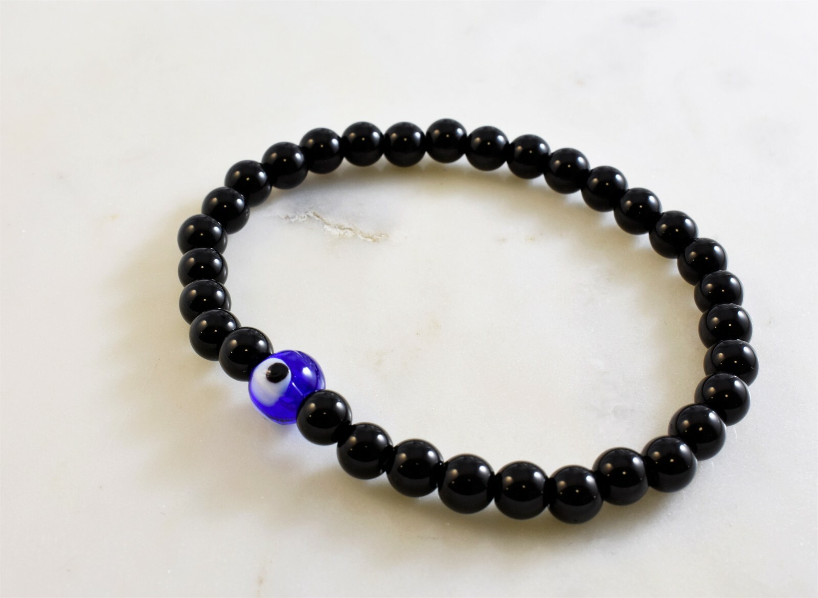 Greek Turkish Evil Eye Black Obsidian Stone Bead Stretch Elastic Mens Bracelet