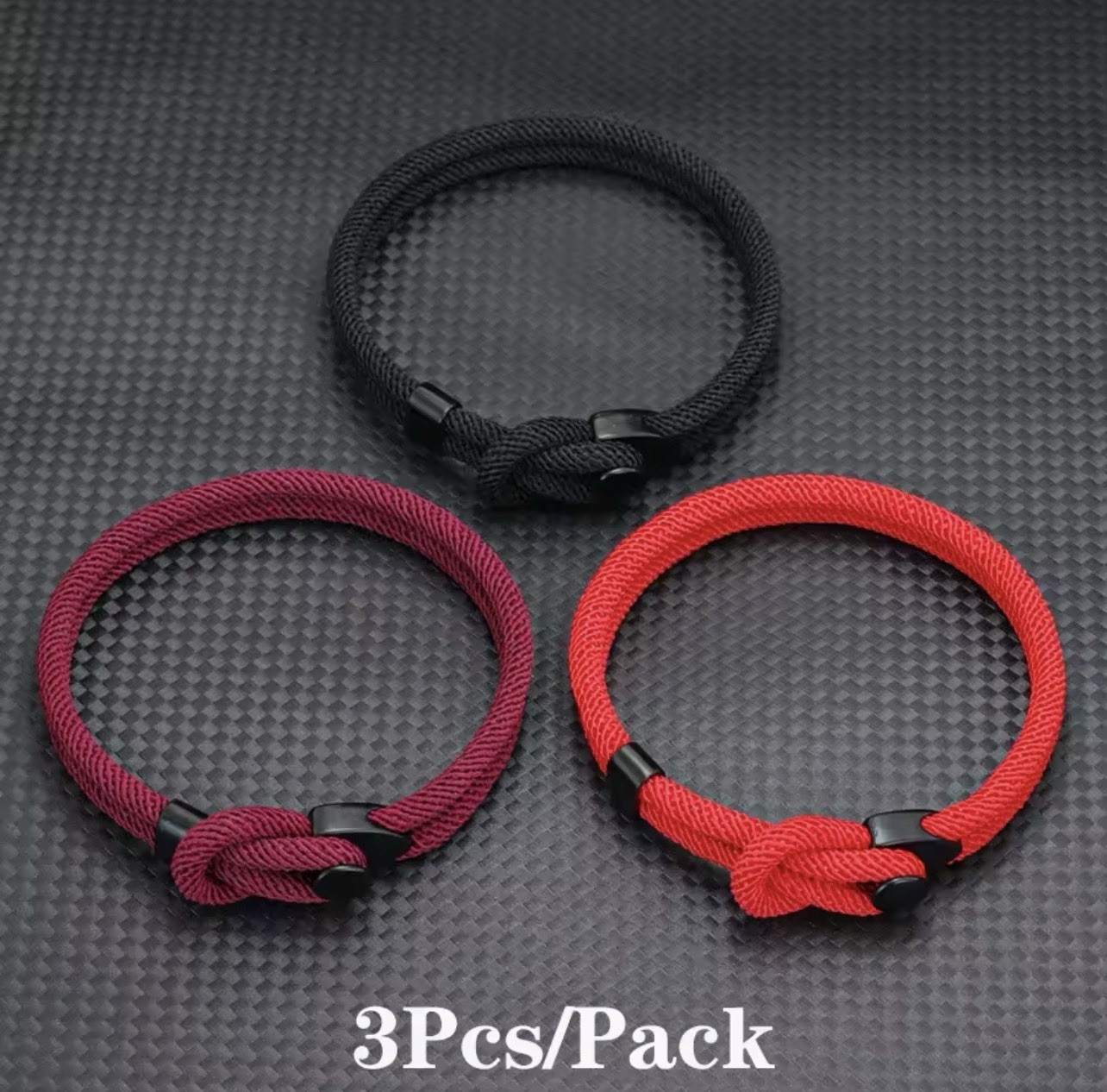 3-Piece Pack Men’s Grade A 4mm Cord Bracelet; Red, Black And Wine Color