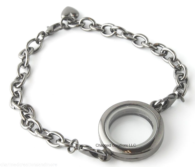 Floating Charm Locket Bracelet Black SECURITY CLASP Crystal 25mm Gunmetal Round