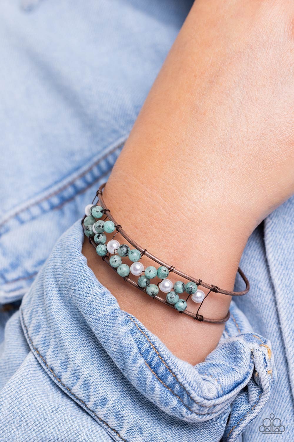High-Wire Hallmark Copper Cuff Bracelet Turquoise Stpne and White Pearl Beads