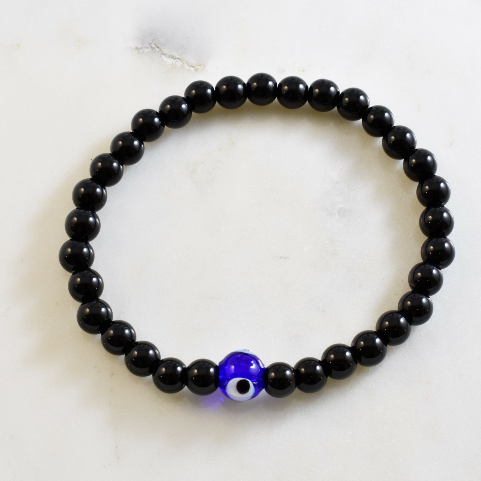 Greek Turkish Evil Eye Black Obsidian Stone Bead Stretch Elastic Mens Bracelet