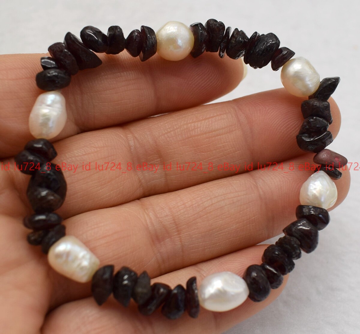 Natural Multiple Gravel Gems Beads &White Baroque Pearl Elastic Bracelet 7.5″