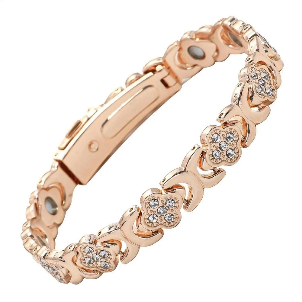 Magnetic Copper Bracelet Sparkling Four Leaf Clover Adjustable Bangle