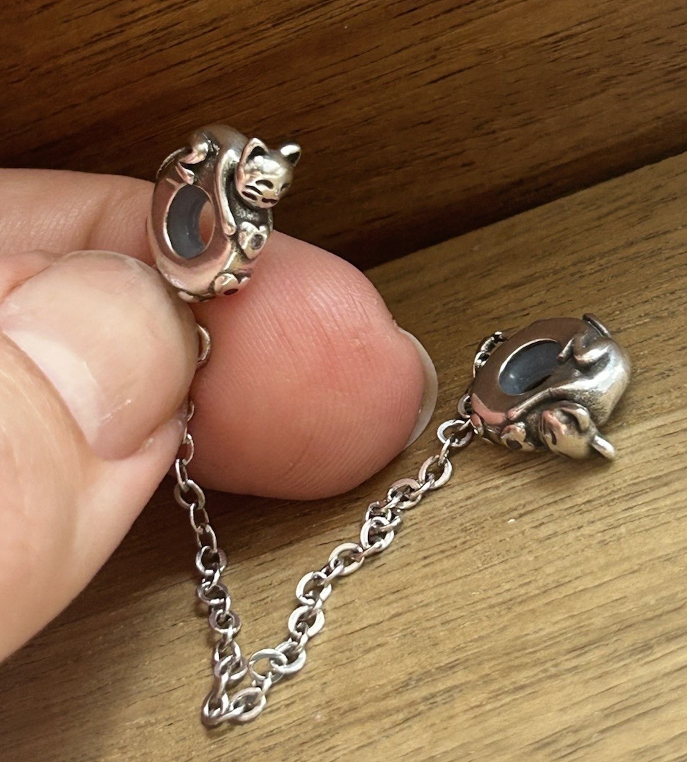 S925 Sterling Silver Cute Cats Safety Chain Charm Cat