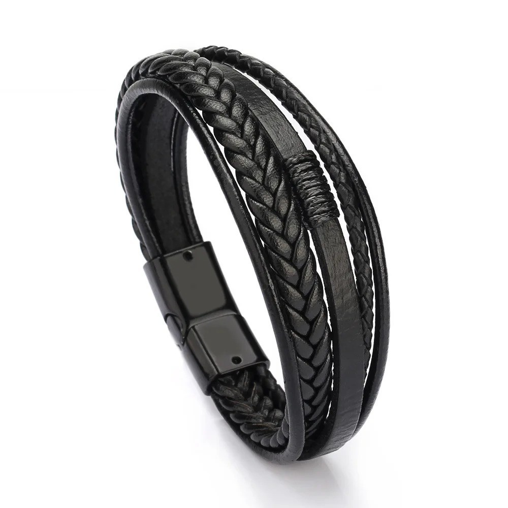 Men Jewelry Black Braided Leather Bracelet Multi-Layer Stainless Steel Clasp A
