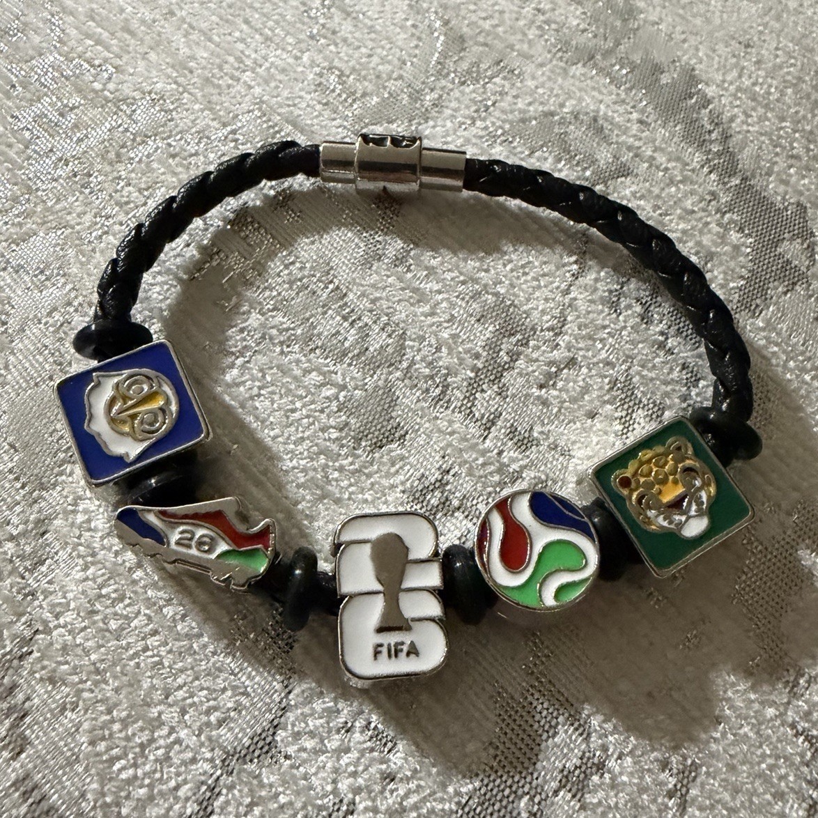 FIFA Soccer Charm Bracelet Black Braided Leather Magnetic Clasp Bead Charms
