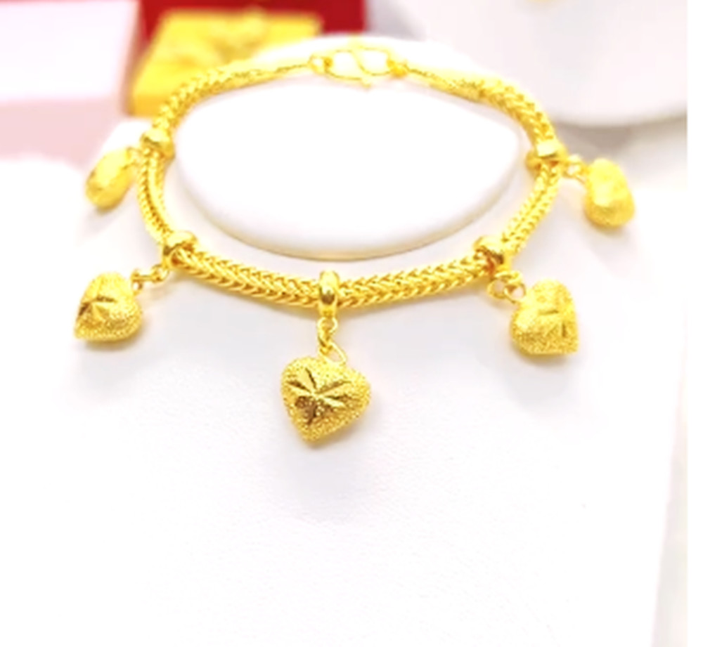Heart Charm Bracelet 22K 23K 24K Thai Baht Yellow Gold Women Jewelry 6.5″ New