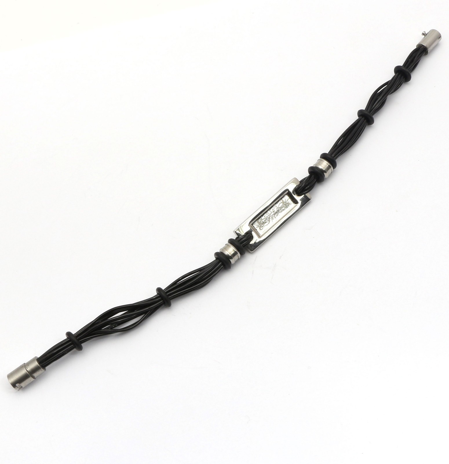 Black Flexible Wire Bracelet with Stainless Steel Floral Spiral Pattern Design