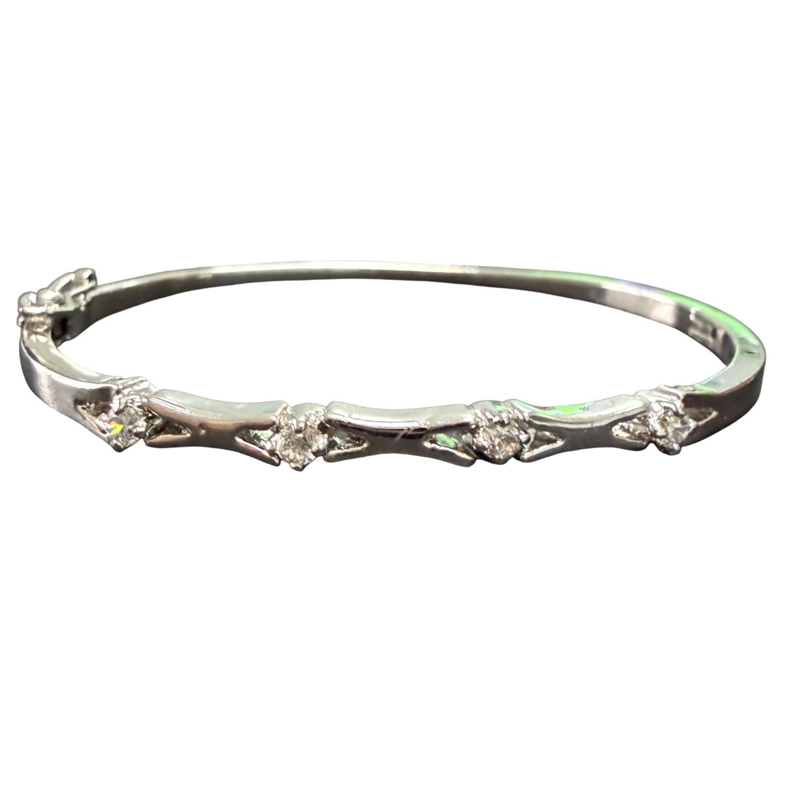 Bangle Bracelet Hinged Crystal Rhinestone Minimalist Glam Silver Tone 2 inches