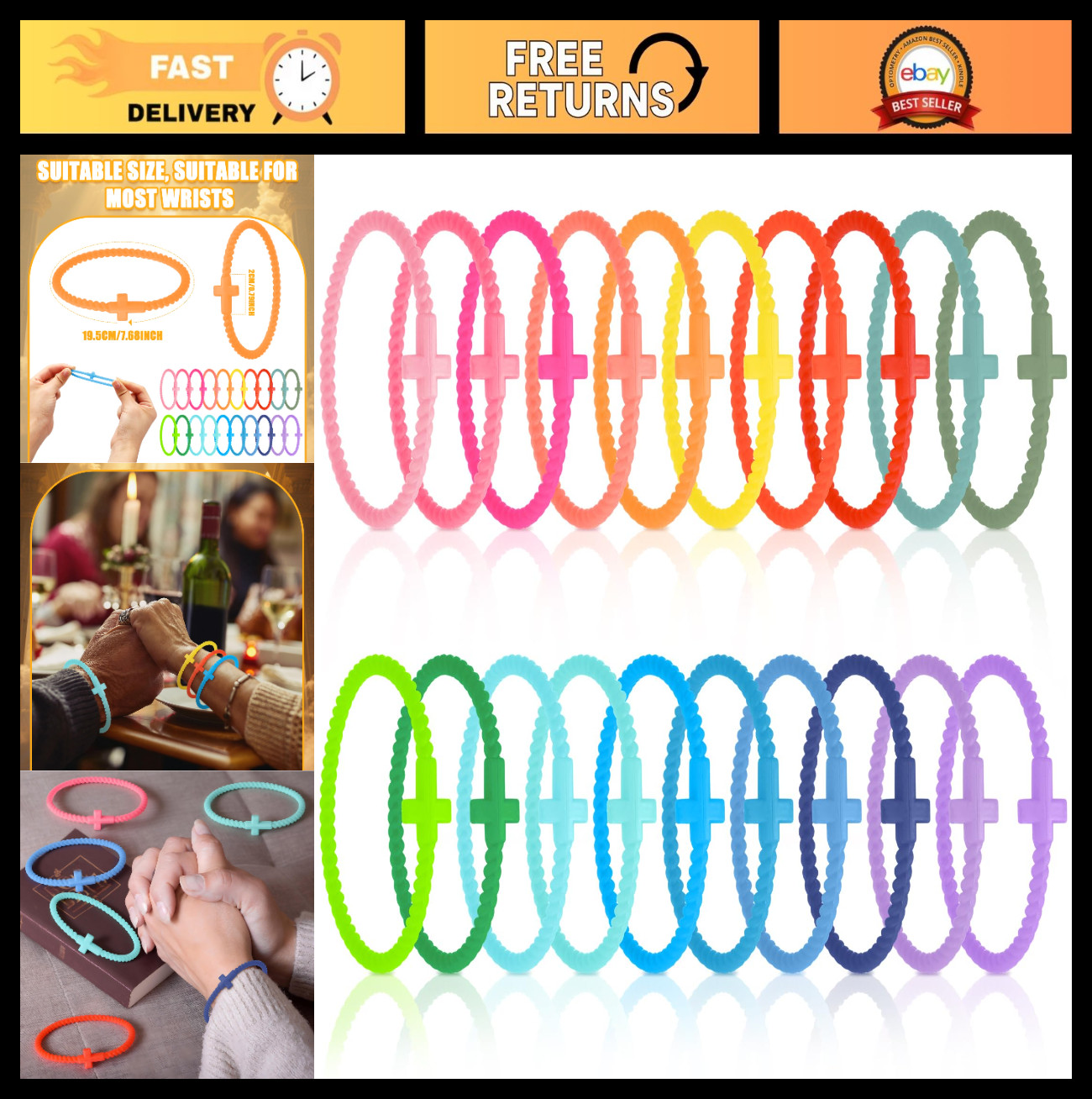 24/60 Pcs Jesus Cross Silicone Bracelets – Stackable Rubber Wristbands for Gifts