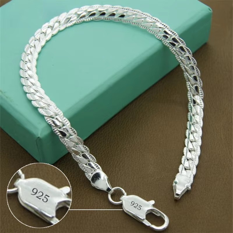 925 Sterling Silver Bracelet 6mm Flat Chain Lobster Clasp 18/20cm Unisex