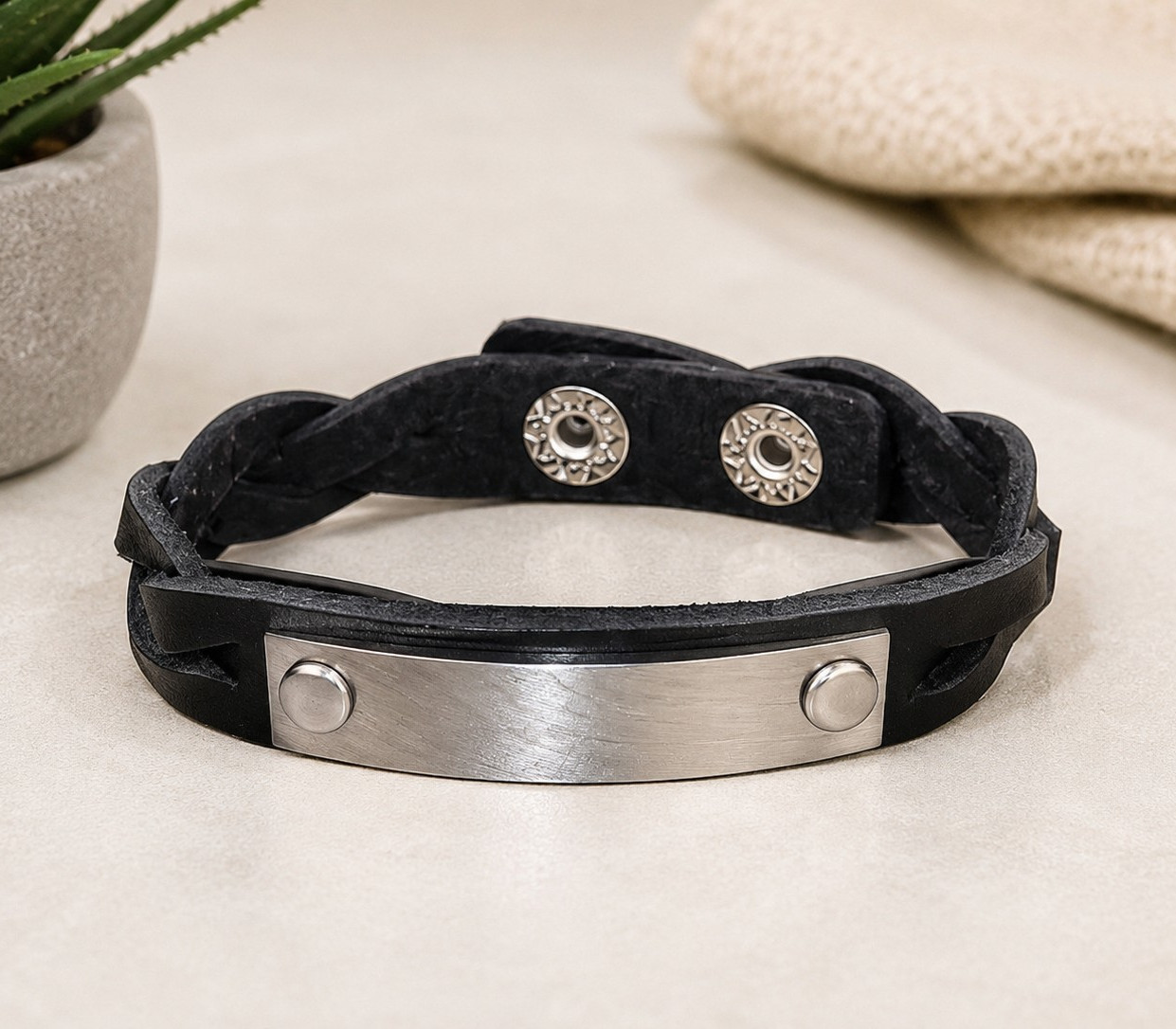 Black Braided Faux Leather ID Plate Bracelet (Unisex)