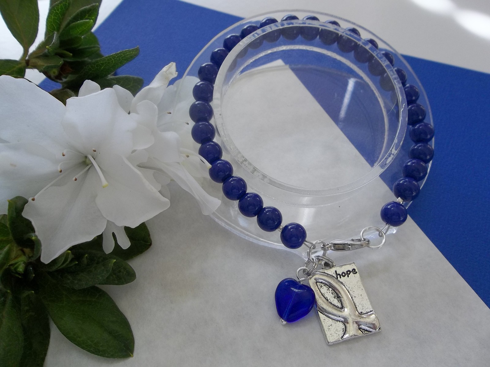 COLON CANCER AWARENESS BLUE BEADED HOPE BRACELET W/RIBBON CHARM/HEART