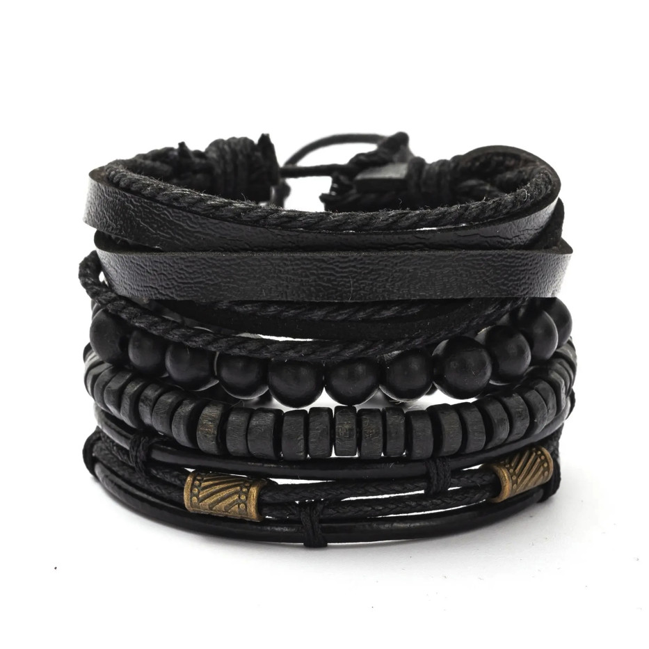 4pcs Vintage Multi-Layer Wooden Beads Leather Bracelets Unisex Set – NEW