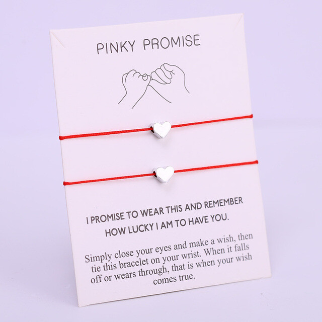 2 Pcs Pinky Promise Red Silver Heart Bracelet Stainless Matching Card Gift – NEW
