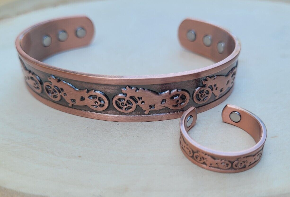 Solid Copper Magnetic Bracelet Ring Set Arthritis Cuff Ring Set Motorcycle