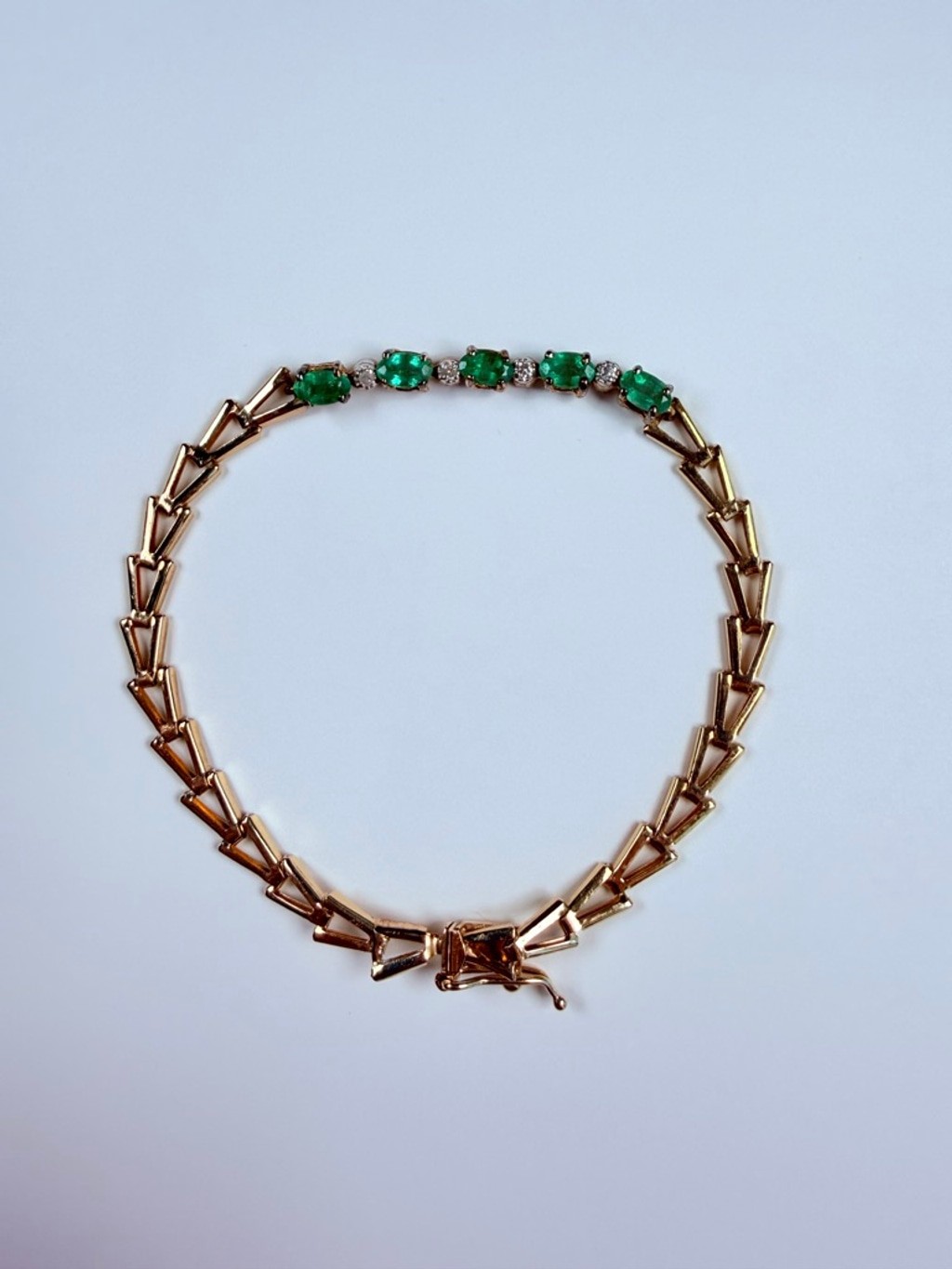 14K Solid Yellow Gold Emerald & Diamond VTG Chevron Arrow Link Tennis Bracelet