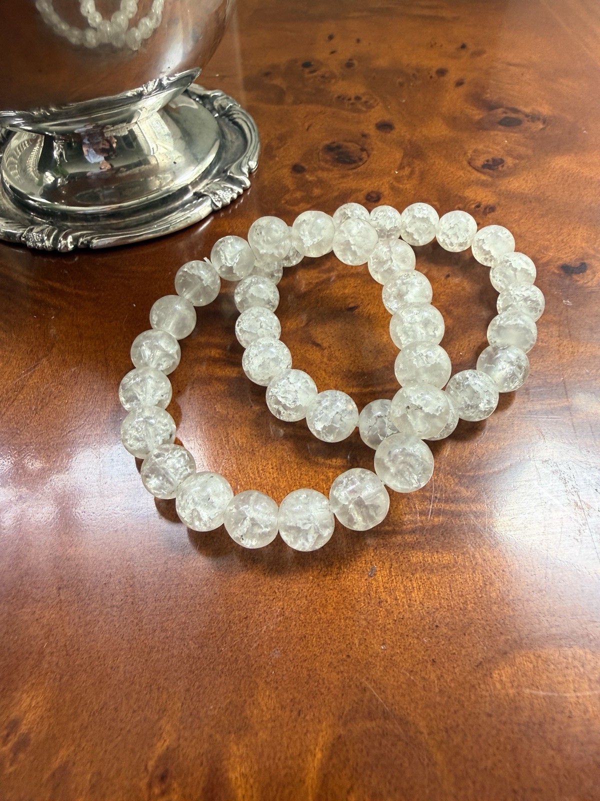 Set of 2 Clear Round Crystal Beaded Stretch Bracelets White/Colorless Stone