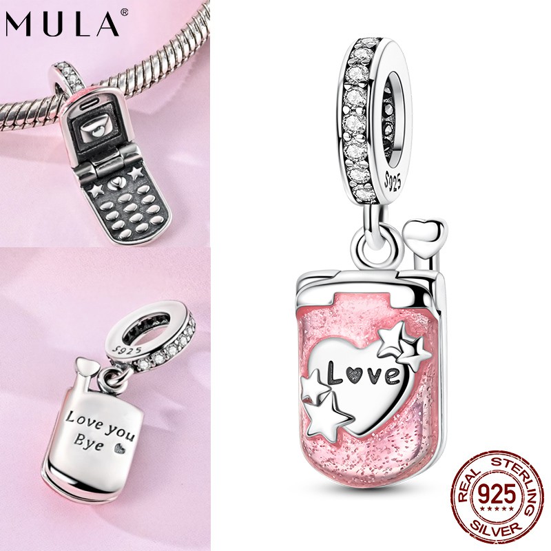 MULA 925 Sterling Silver DIY Charm CZ Flip Pink Phone Pendant for Women Bracelet