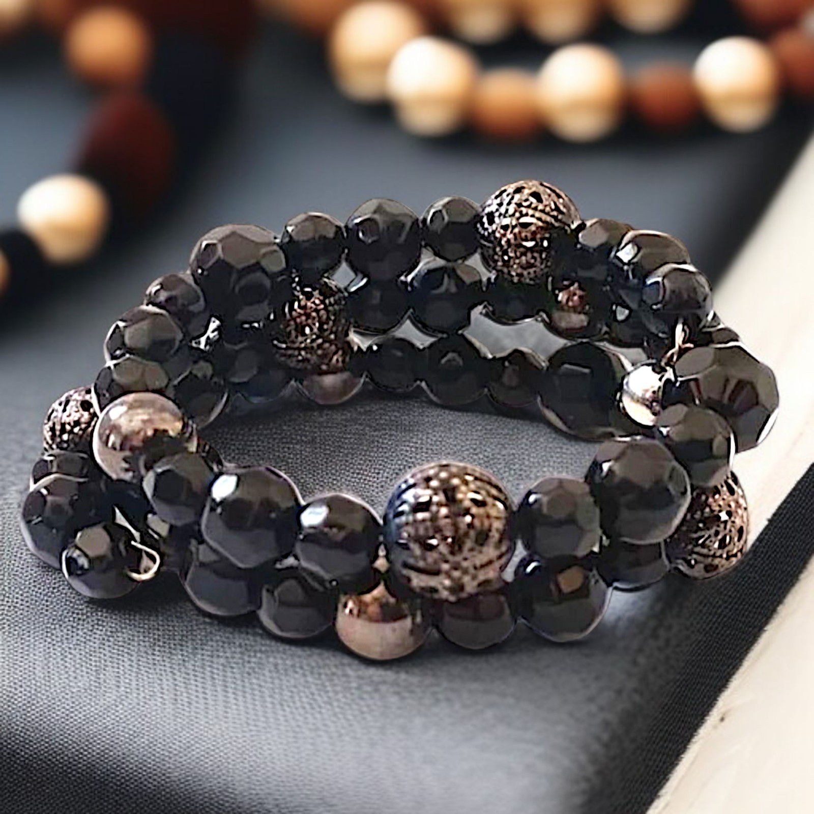 Black Glass Beaded Memory Wire Wrap Bracelet Multi Strand Stretch Boho Gothic
